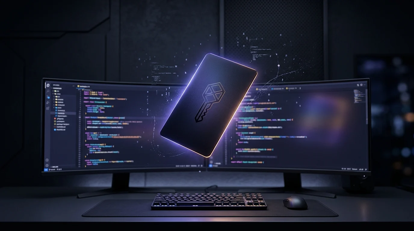The All-Access Pass keycard floating over a developer workstation